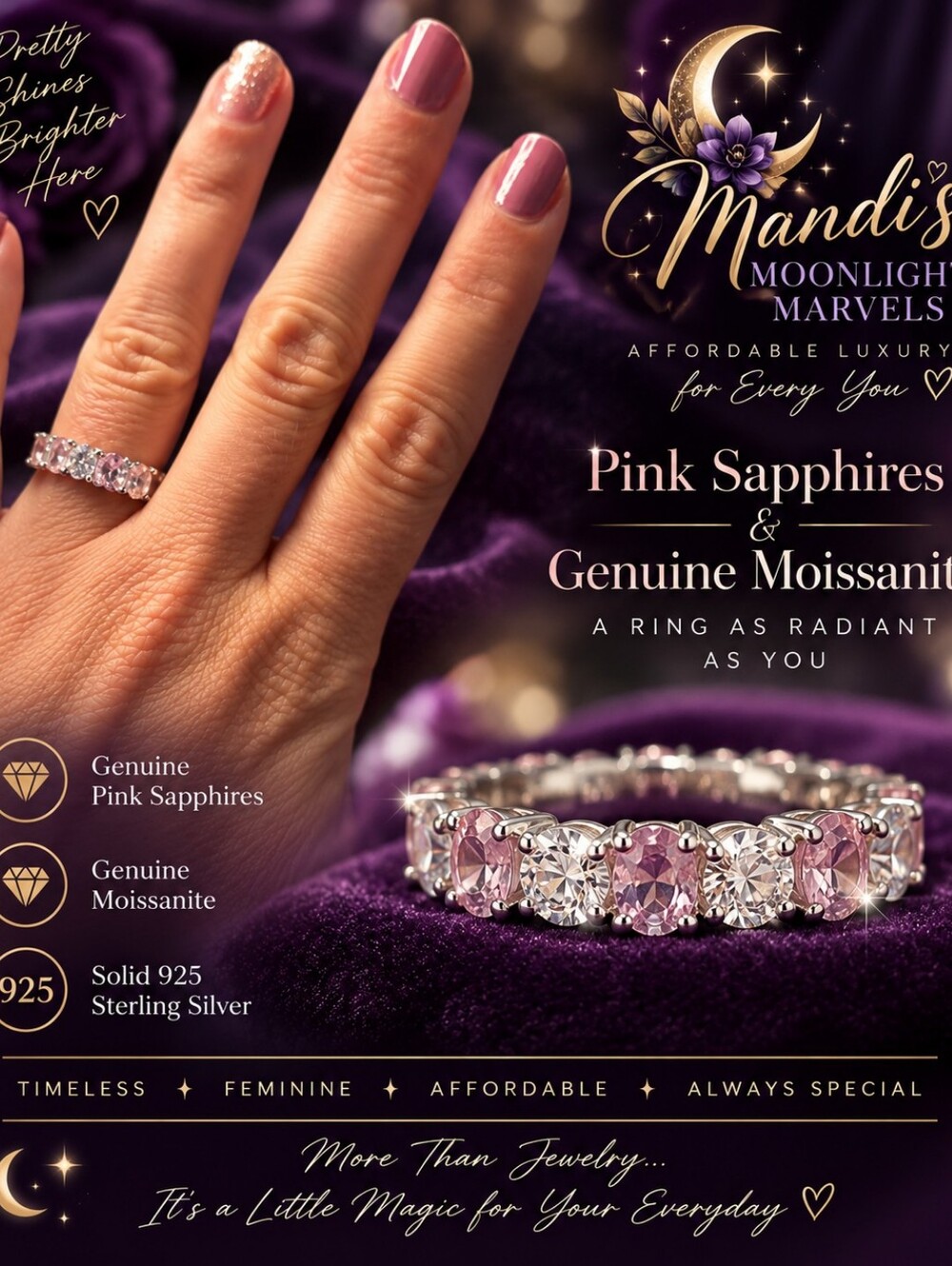 Pink Sapphire & Moissanite Sterling Silver Ring